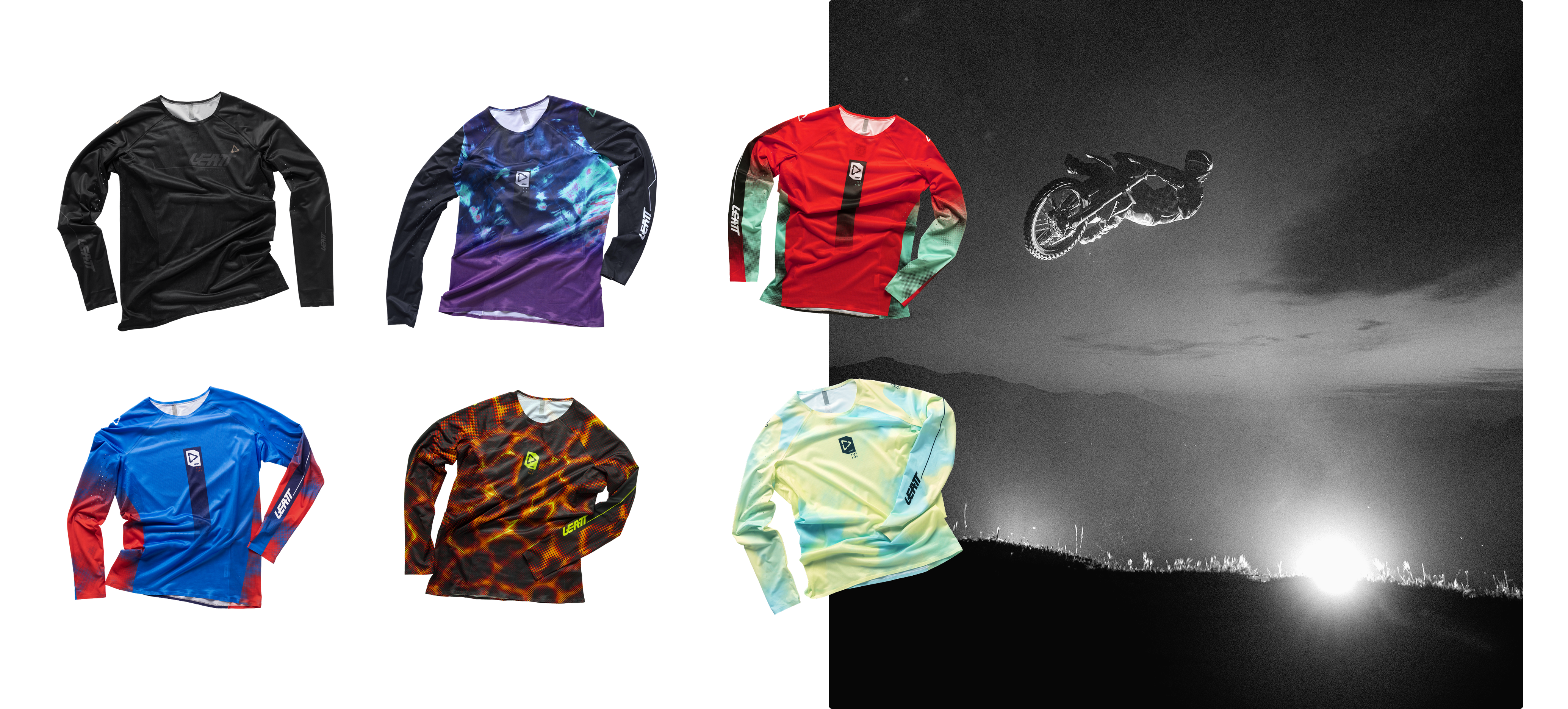 Six long-sleeve athletic jerseys in assorted colors and patterns are displayed on a white background, alongside a black-and-white lifestyle photo of a motorcycle during a night stunt.