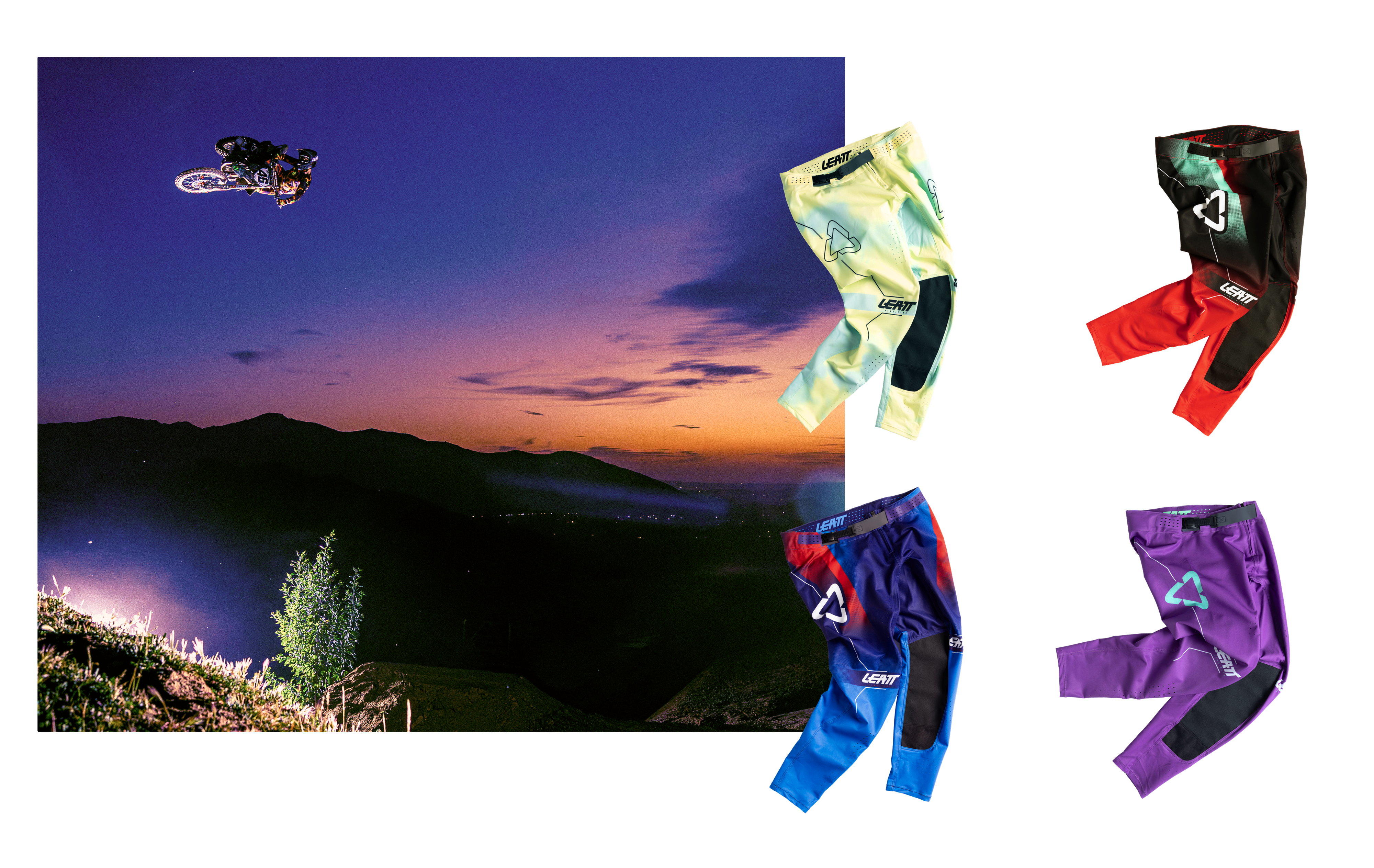 Four pairs of motocross pants in different colors (yellow-green, black/red, blue/red, and purple) are displayed on a white background next to a scenic mountain landscape photo at sunset. The pants feature knee pads and a visible Leatt logo.
