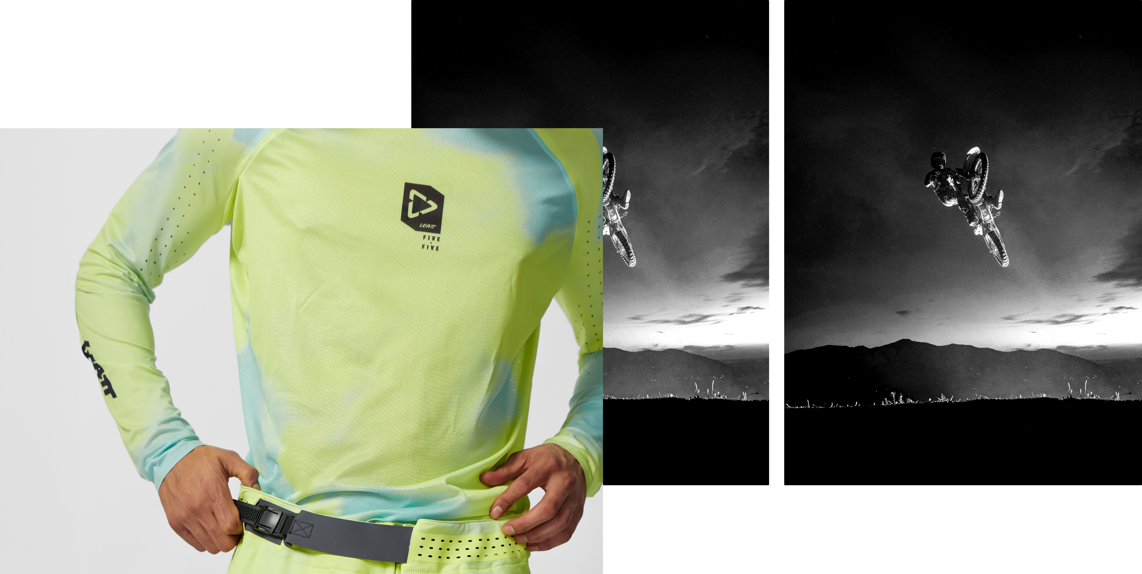 A cropped studio-style photo shows a person wearing a neon yellow-green long-sleeve performance jersey with a small black chest logo and a dark belt. Two black-and-white action panels on the right show a mountain biker mid-jump in a dark landscape.