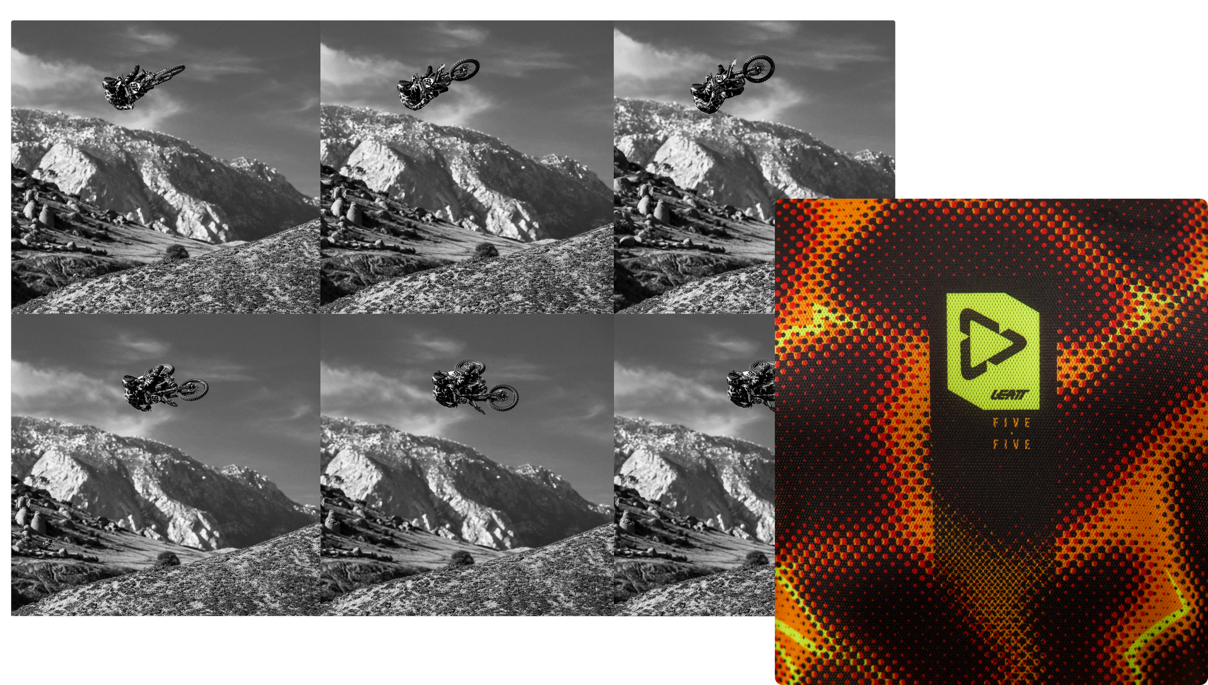 A collage of six black-and-white action shots of a motocross rider jumping a bike over rocky mountains, alongside a square branded graphic on the right with the text 'UNIT' and 'FIVE FIVE' over an orange and black halftone pattern.