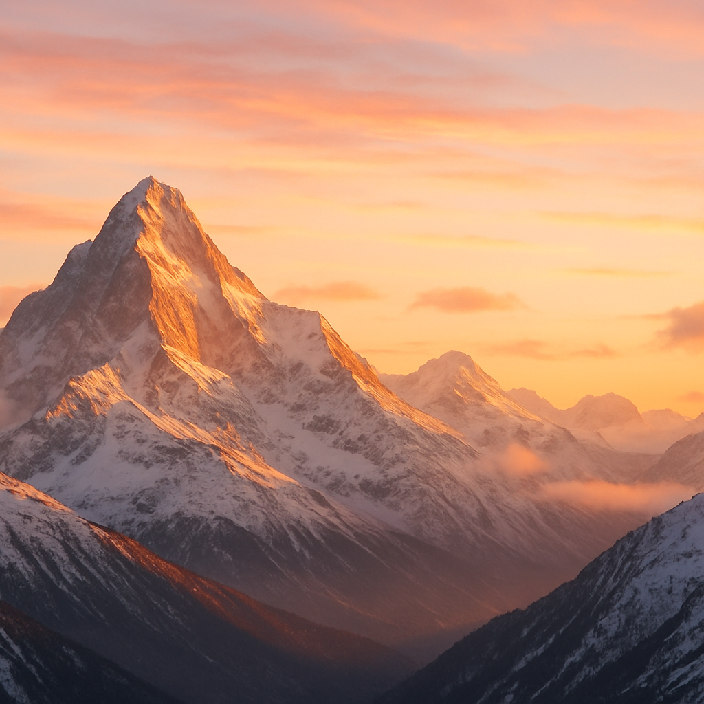 scenic snowcapped mountains with a gentle sunrise